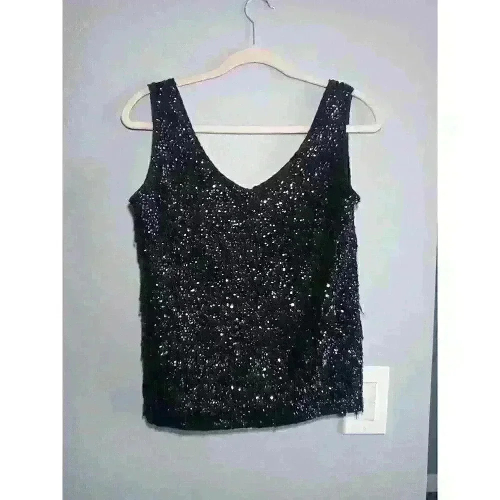 Vintage 1960’s Beaded Black Sequined‎ Shell Sleeveless Top Hong Kong Medium